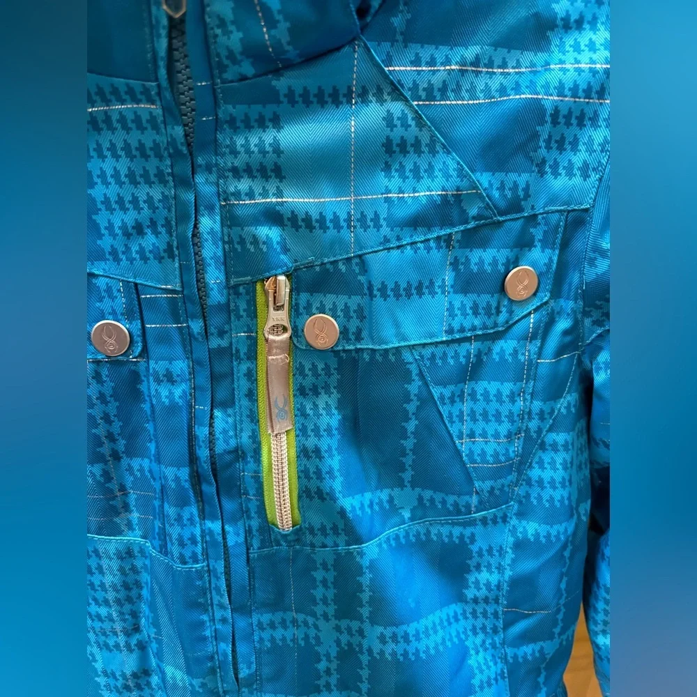 Spyder Girls Evar Ski Jacket Size 12 Riviera Checkered Plaid Print/Green Flash